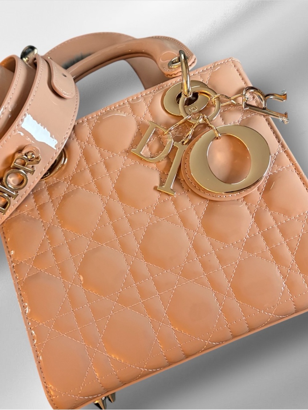 Patent Leather Lady D Style Bag in soft pink/peach